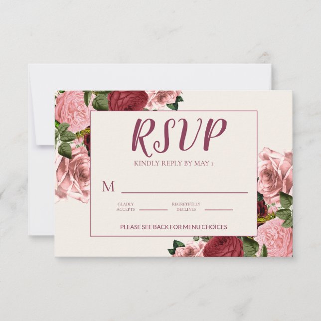 Romantic Burgundy Blush Pink Floral Wedding RSVP Card (Front)