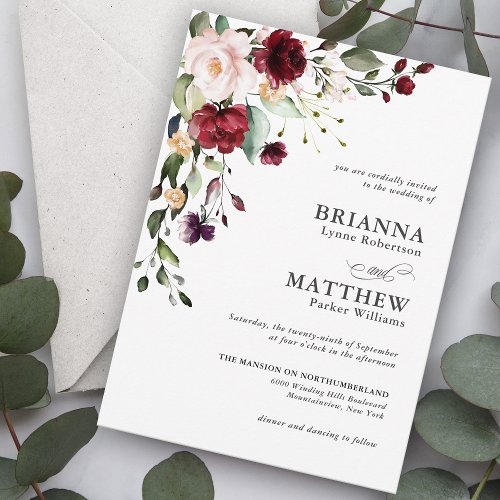 Romantic Burgundy Blush Plum Green Floral Wedding Invitation
