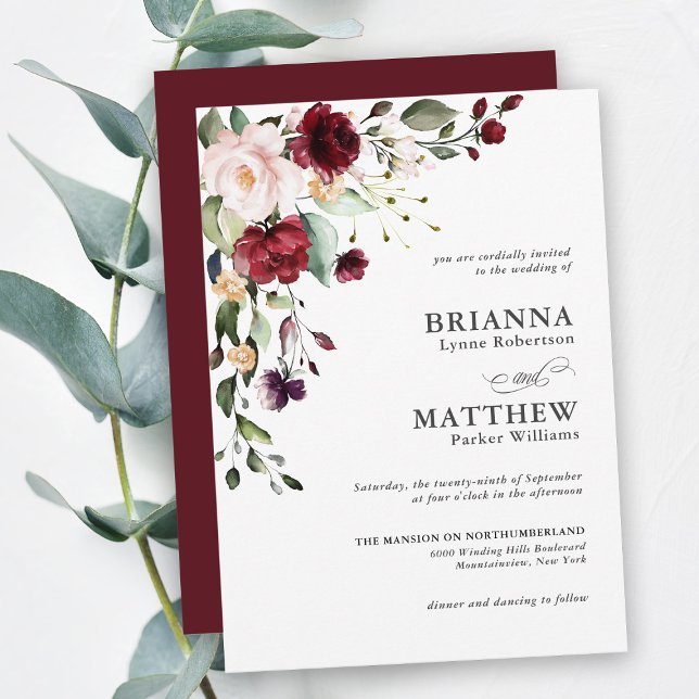 Romantic Burgundy Blush Plum Green Floral Wedding  Invitation (Creator Uploaded)