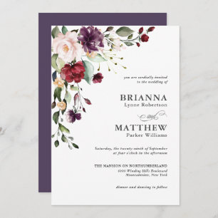 Romantic Burgundy Blush Plum Green Floral Wedding Invitation