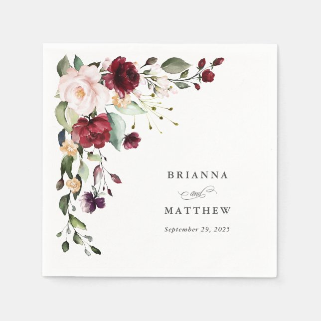 Romantic Burgundy Blush Plum Green Floral Wedding Napkins (Front)