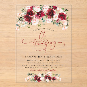 Romantic Burgundy Blush Watercolor Roses Wedding  Acrylic Invitations