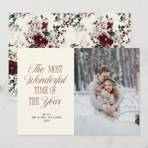 Romantic Burgundy Botanical First Christmas Photo Holiday Card