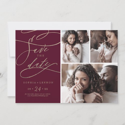 Romantic Burgundy Calligraphy 3 Photo Collage Save The Date