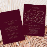 Romantic Burgundy Calligraphy All In One Wedding Invitation<br><div class="desc">This romantic burgundy calligraphy all in one wedding invitation is perfect for a simple wedding. The modern classic design features fancy swirls and whimsical flourishes with gorgeous elegant hand lettered faux champagne gold foil typography. Save paper by including the details on the back of the wedding invitation instead of on...</div>