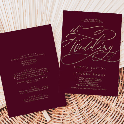Romantic Burgundy Calligraphy All In One Wedding Invitation