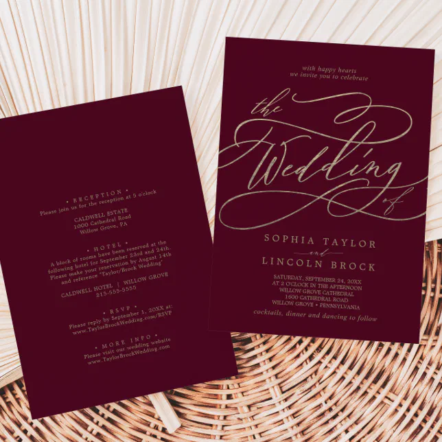 Romantic Burgundy Calligraphy All In One Wedding Invitation | Zazzle