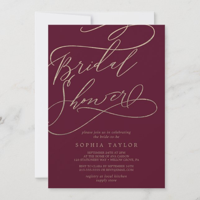 Romantic Burgundy Calligraphy Bridal Shower Invitation (Front)