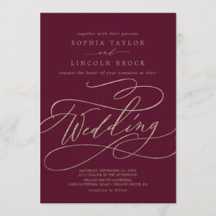 Romantic Burgundy Calligraphy   Flourish Wedding Invitation