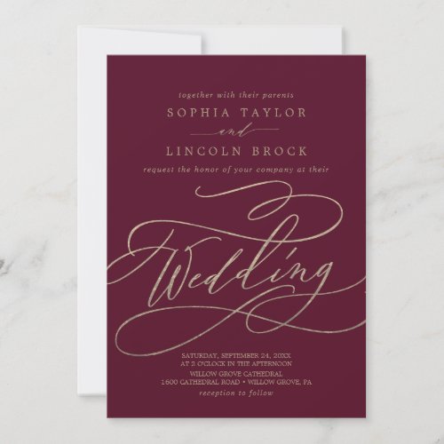 Romantic Burgundy Calligraphy  Flourish Wedding Invitation