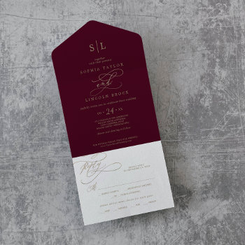 Romantic Burgundy Calligraphy Monogram Wedding All All In One Invitation by FreshAndYummy at Zazzle
