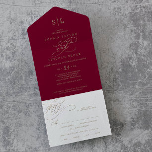 Romantic Burgundy Calligraphy Monogram Wedding All All In One Invitation