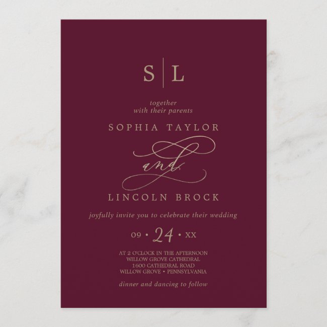 Romantic Burgundy Calligraphy Monogram Wedding Invitation