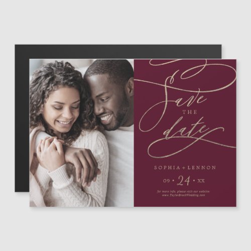 Romantic Burgundy Calligraphy Photo Save the Date Magnetic Invitation