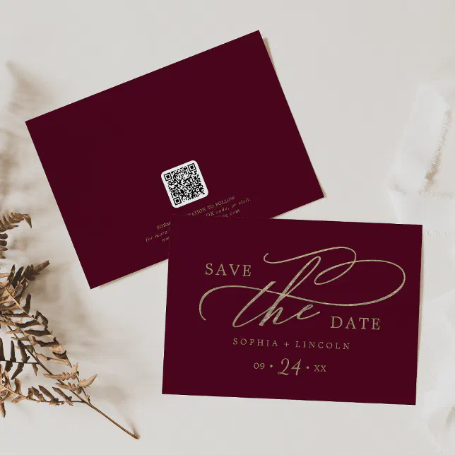 Romantic Burgundy Calligraphy QR Code Horizontal Save The Date | Zazzle
