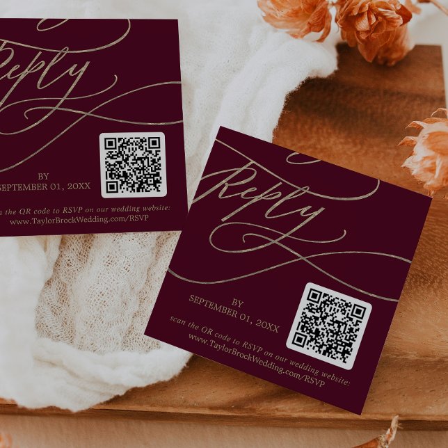 Romantic Burgundy Calligraphy QR Code Wedding RSVP Enclosure Card (Creator Uploaded)