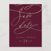 Romantic Burgundy Calligraphy Save the Date Invitation Postcard (Front)