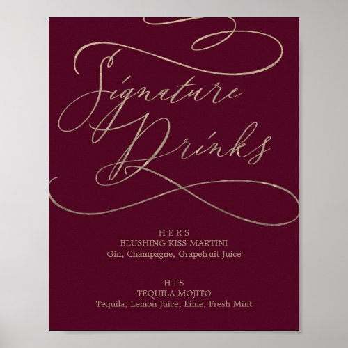 Romantic Burgundy Calligraphy Signature Drinks Poster