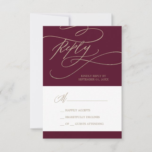 Romantic Burgundy Calligraphy Simple RSVP Card (Front)