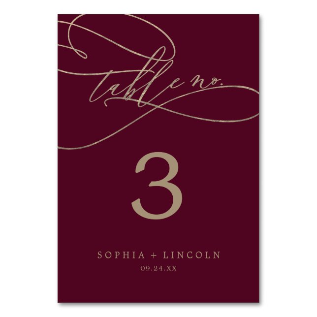Romantic Burgundy Calligraphy Table Number (Front)