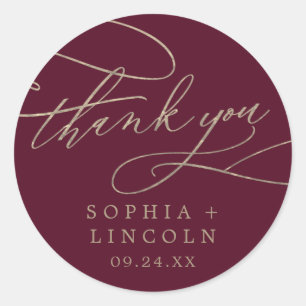 Romantic Burgundy Calligraphy Thank You Favor Classic Round Sticker