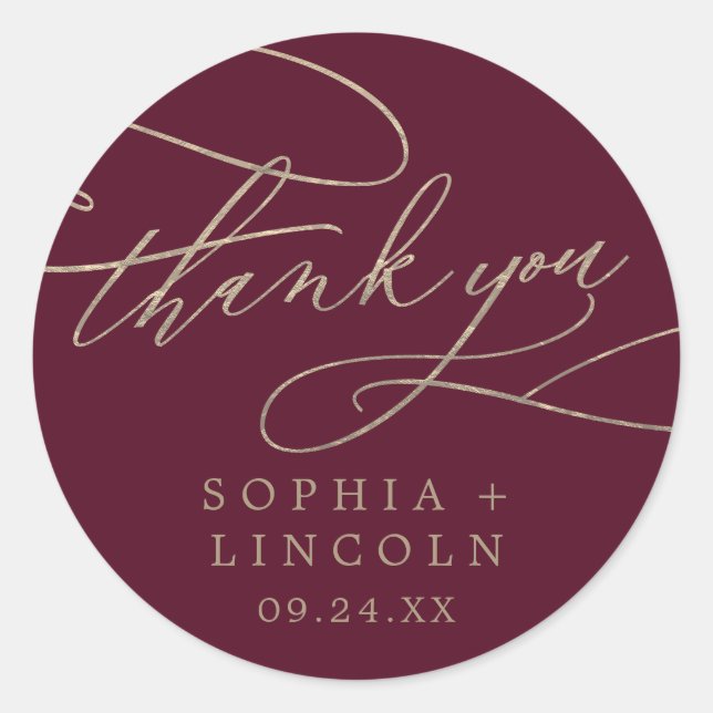 Romantic Burgundy Calligraphy Thank You Favor Classic Round Sticker (Front)