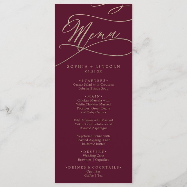 Romantic Burgundy Calligraphy Wedding Dinner Menu (Front)