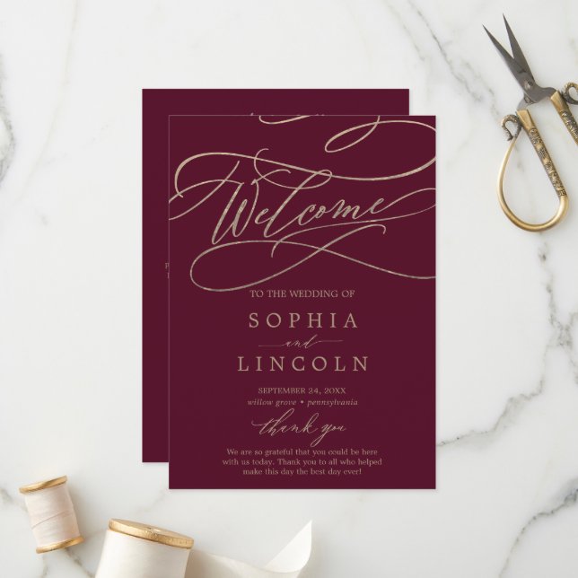 Romantic Burgundy Calligraphy Wedding Program (Front/Back In Situ)