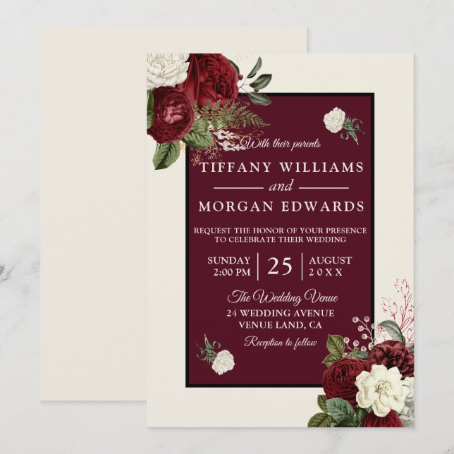 Romantic Burgundy Champagne White Floral Wedding Invitation (Front/Back)