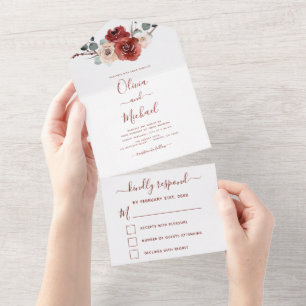 Romantic Burgundy Eucalyptus Wedding Fall RSVP All In One Invitation