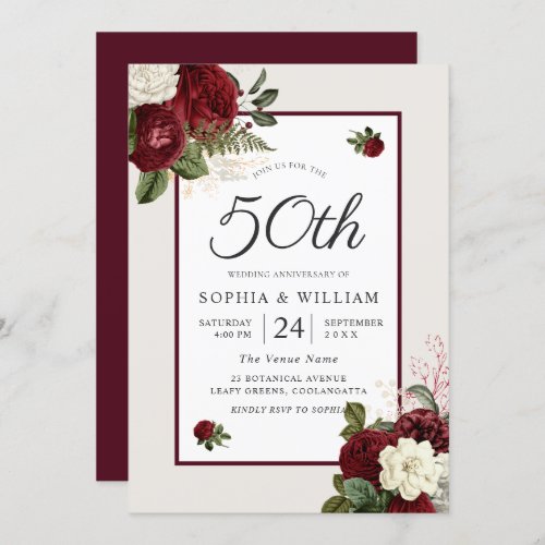 Romantic Burgundy Floral 50th Wedding Anniversary Invitation