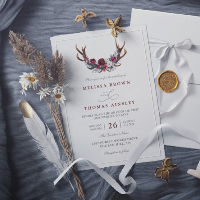 Romantic Burgundy Floral Antlers QR Code Wedding Invitation (Creator Uploaded)