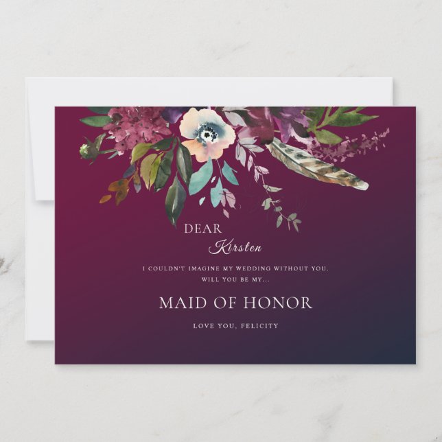 Romantic Burgundy Floral Be My Maid Of Honor Invitation (Front)