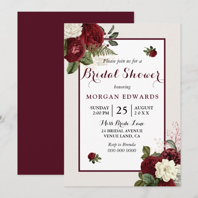 Romantic Burgundy Floral Bridal Shower Invite (Front/Back)
