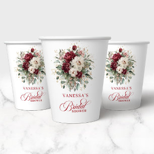 Romantic Burgundy Floral Bridal Shower Paper Cups