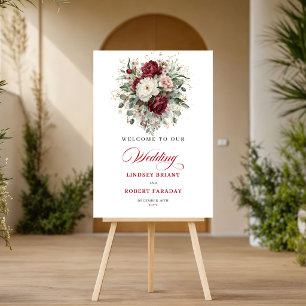 Romantic Burgundy Floral Eucalyptus Gold Welcome Poster