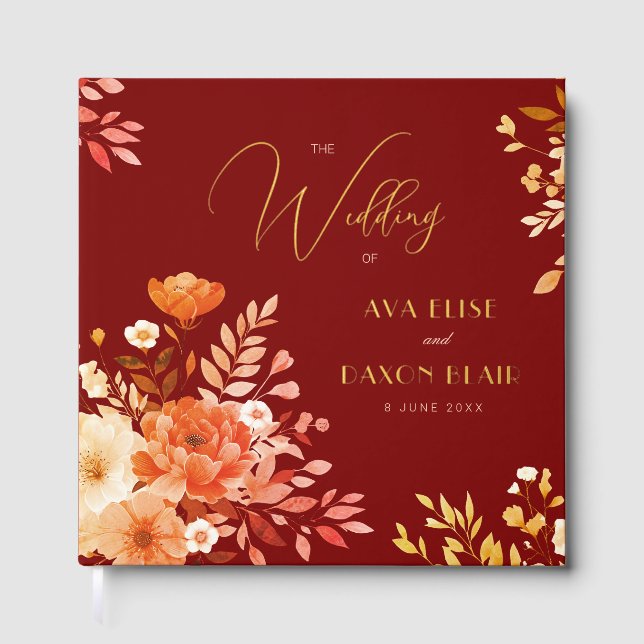 Romantic Burgundy Floral Foil Wedding Foil Guest Book (Front)