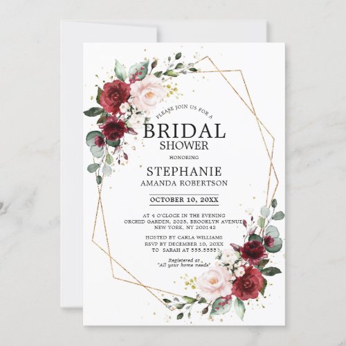 Romantic Burgundy Floral Geometric Bridal Shower Invitation