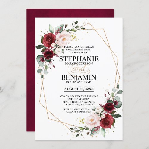 Romantic Burgundy Floral Geometric Engagement Invitation