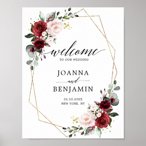 Romantic Burgundy Floral Geometric Wedding Welcome Poster