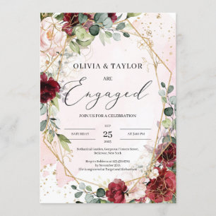 Romantic burgundy floral gold geometric engagement invitation
