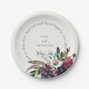 Romantic Burgundy Floral Happily Ever After Ecru Paper Plates