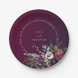 Romantic Burgundy Floral Happily Ever After Paper Plates