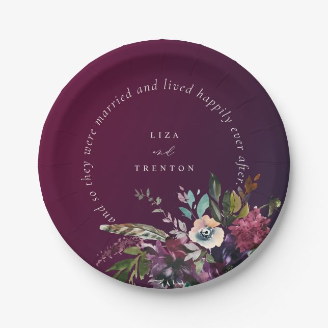 Romantic Burgundy Floral Happily Ever After Paper Plates (Front)