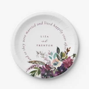 Romantic Burgundy Floral Happily Ever After White Paper Plates