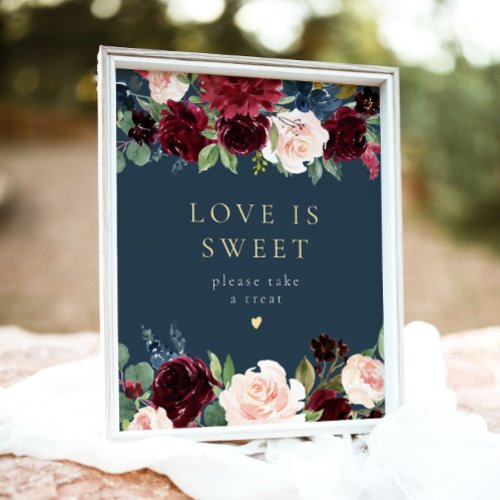 Romantic Burgundy Floral Love is Sweet Dessert Poster