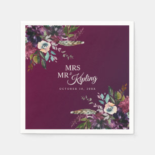 Romantic Burgundy Floral Mr & Mrs Wedding Napkins