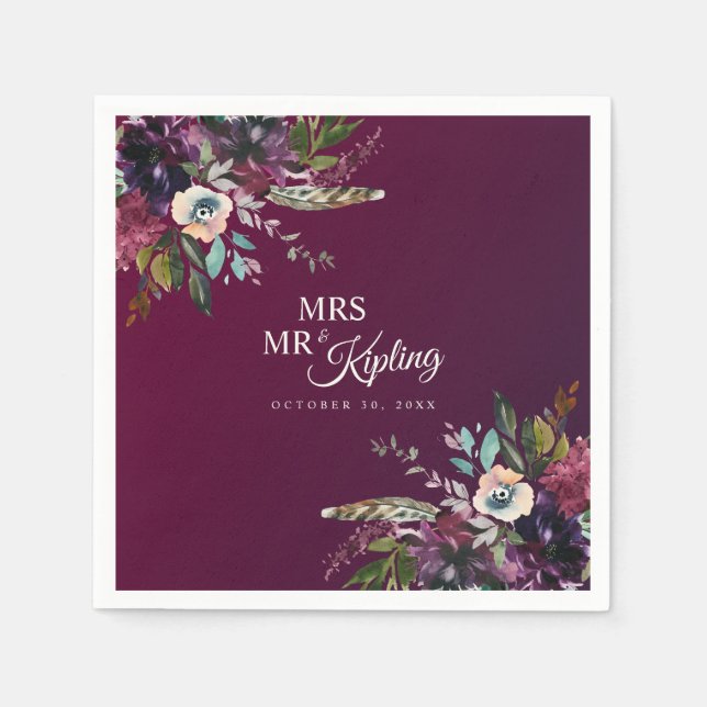 Romantic Burgundy Floral Mr & Mrs Wedding Napkins (Front)