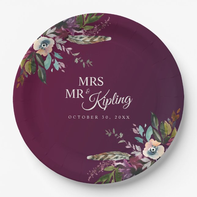 Romantic Burgundy Floral Mr & Mrs Wedding Paper Plates (Front)
