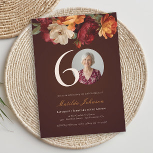 Romantic Burgundy Floral Photo 60th Birthday Invitation